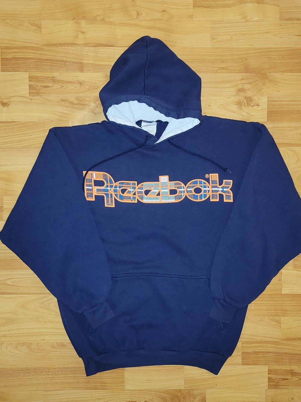 Vintage 80s Reebok Size Medium Blue Hoodie Made In Canada Plaid Union Jack Tag